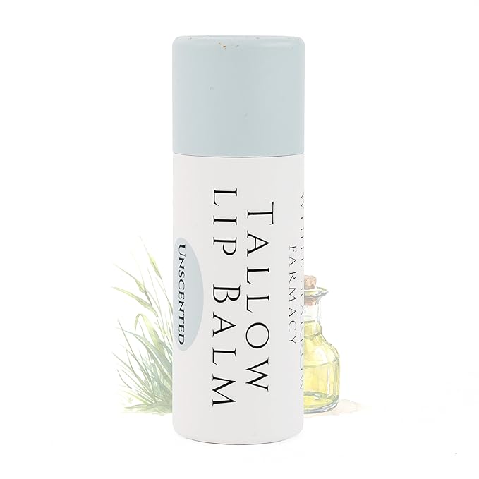 Organic Tallow Lip Balm (Unscented) from Grass Fed Cows. Super hydrating with Tallow, Olive Oil, Honey, and Beeswax. Sustainable Cardboard Tubes & Hand Filled. Jumbo Size 0.5 oz.-Velvo Beauty