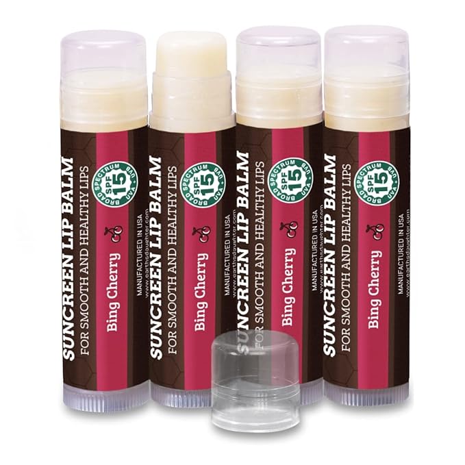 SPF Lip Balm 4-Pack by Earth's Daughter - Lip Sunscreen, SPF 15, Organic Ingredients, Cherry Flavor, Beeswax, Coconut Oil, Vitamin E - Hypoallergenic, Paraben Free, Gluten Free-Velvo Beauty