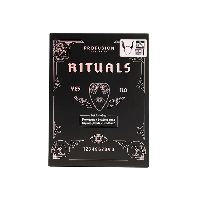 Profusion Cosmetics Rituals 4 PC Look Kit Includes Face Gems, Shadow and Glitter Quad, and Eyeshadow Brush, Along With Somber Matte Black Liquid Lipstick, Magical Beauty for Fairy Witches-Velvo Beauty