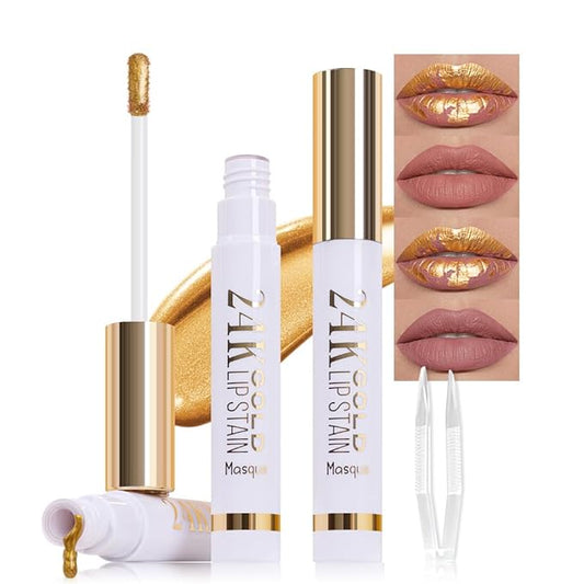 2Pcs 2025 New 24K Gold Liquid Lip Gloss Peel Off Lip Stain Tattoo with Tweezer, Lips Stain Peel Off Masque, Long Lasting Waterproof Lip Tint Stain, Transfer-proof for All Skin Types 03#+04#-Velvo Beauty