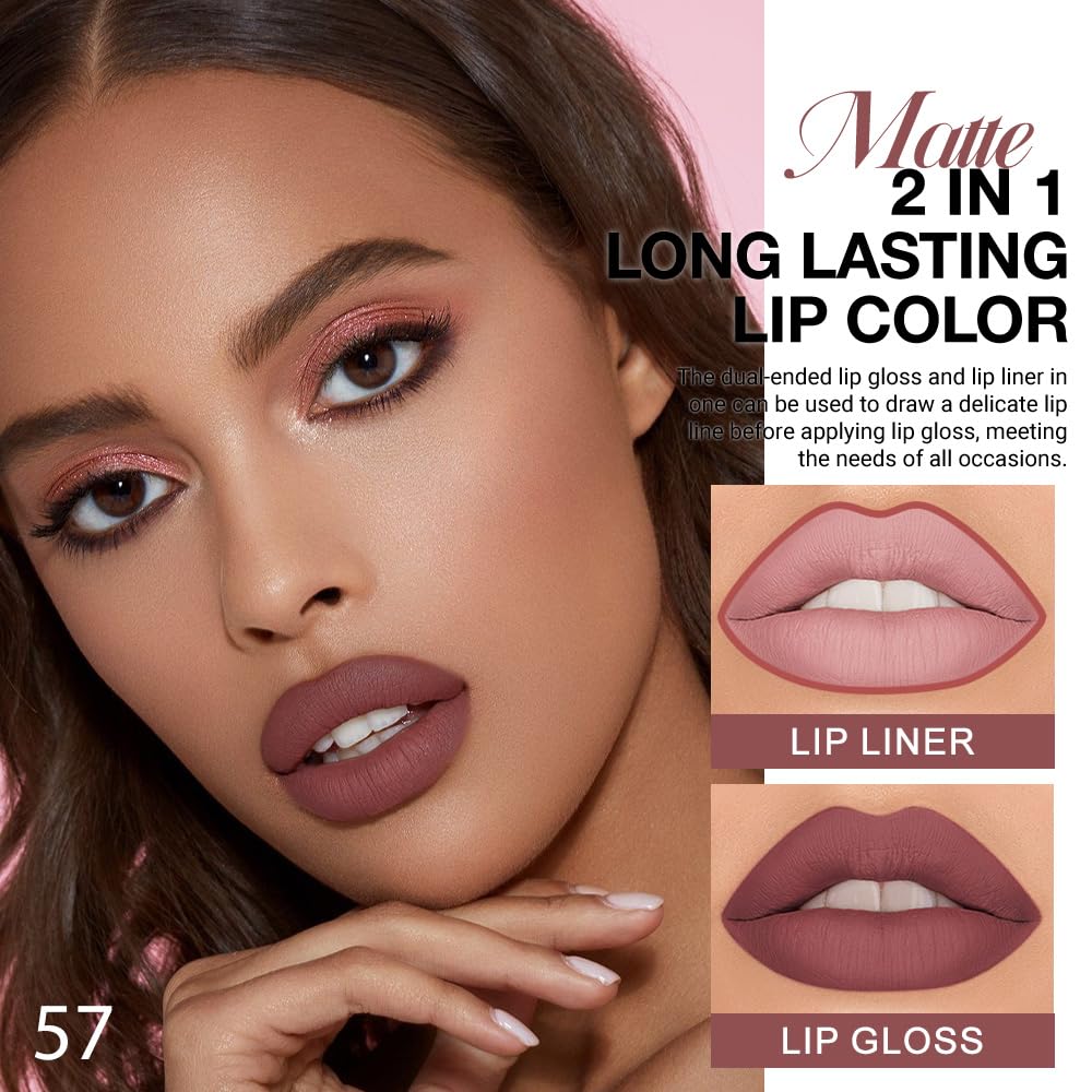 evpct 1Pcs Red Brown Matte Lip Liner & Liquid Lipstick Stain Makeup Set for Women, Red Brown Lip Liner Stain Long Lasting Waterproof Smudge Proof, Cruelty Free Lip Stick Makeup 24 hours originales, 57-Velvo Beauty