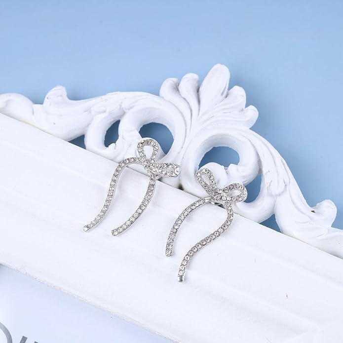 Vintage Crystal Bow Earrings Rhinestone Bow Drop Earrings Long Cz Rhinestone Earrings Gold Bow Cz Stud Earrings Jewelry for Women-Velvo Beauty