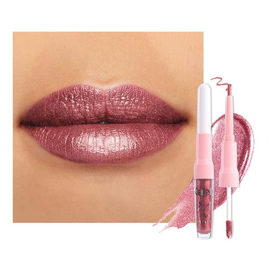 evpct Mauve Pink Metallic Glitter Lip Liner and Lipstick Combo Lip Gloss Stain Set Makeup for Women Long Lasting Waterproof 24, Dusty Rose Metallic Shimmer Frosted Iridescent Glossy Liquid Lipstick 16-Velvo Beauty