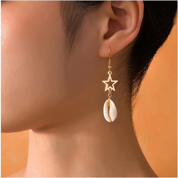 Vintage Cowrie Drop Earrings Puka Shell Dangle Earrings Gold Star Dangling Earrings Hollow Star Earrings Jewelry for Women-Velvo Beauty