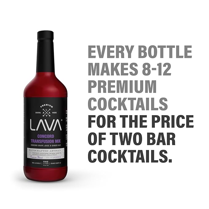 (3 Pack) LAVA Premium Concord Transfusion Mix made with concord grape juice, real ginger, ginger ale, no artificial sweeteners, 1-Liter (33.8oz) Glass Bottle, Ready to Use.-Velvo Beauty