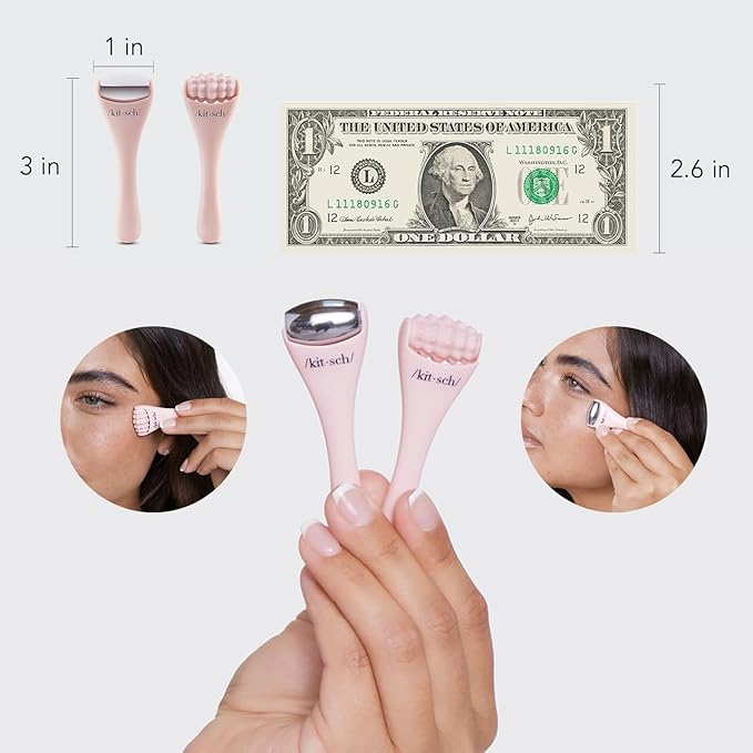 Kitsch Mini Facial Roller & Ice Face Roller Skin Care Tool Set for Women - Face Massager for Puffy Eyes, Cold Therapy, Lymphatic Drainage Massager, Self Care Gifts for Women & Men - Blush-Velvo Beauty