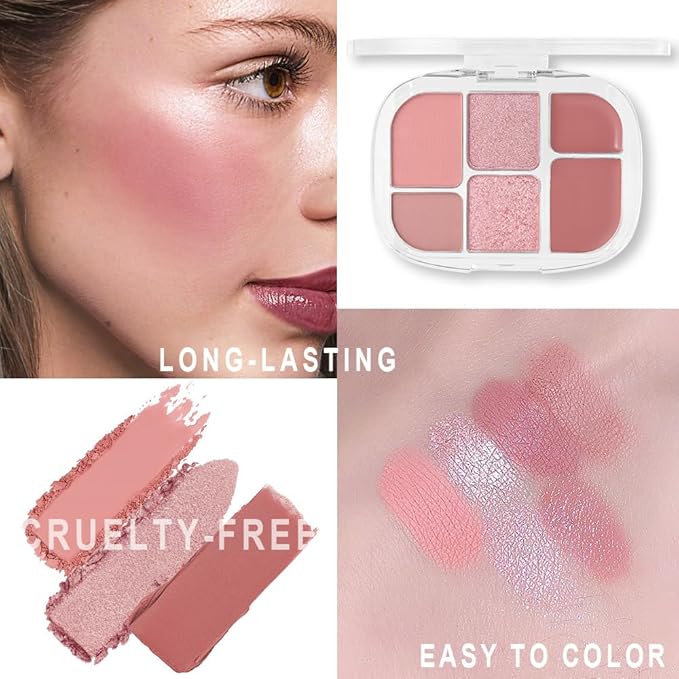 6-in-1 Cream & Powder Makeup Palette – Blush Highlighter & Eyeshadow, Matte & Shimmer Rose Nude Tones, Travel-Friendly Compact for Daily & Travel Use 02-Velvo Beauty