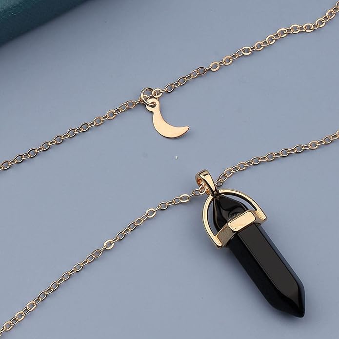 Boho Layered Moonstone Necklace Chain Gold Moon Pendant Necklace Black Hexagonal Stone Necklace Jewelry for Women-Velvo Beauty