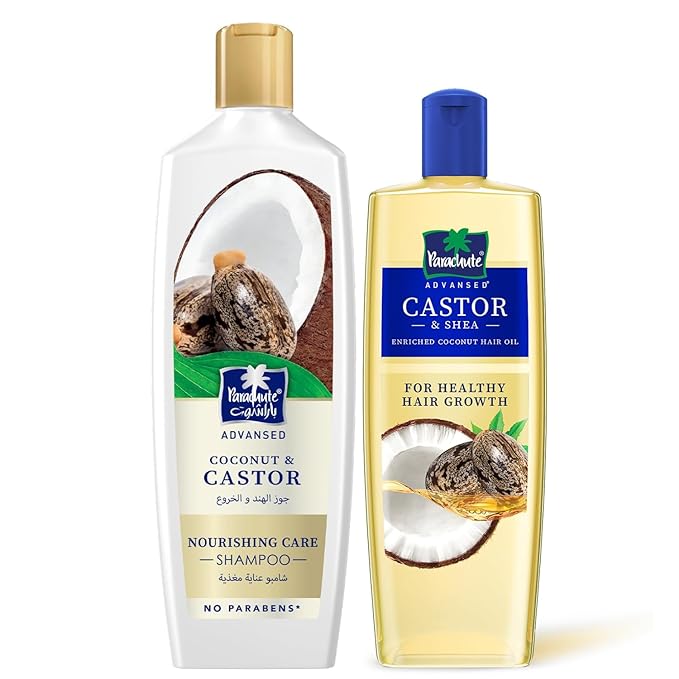Parachute Advansed Shea Castor oil shampoo for hair growth | Deep Nourishment & Hair Strength Solution | Pack of 2 | 10.1 Fl oz + 11.4 Fl oz-Velvo Beauty