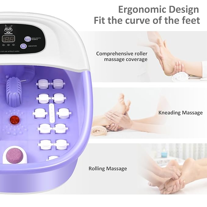 Foot Spa Bath Massager with Heat Bubbles and Vibration Massage and Jets, 16 OZ Calming Lavender Foot Soak Epsom Salt, MoodRelish Foot Soaker With Red Light, 22 Massage Rollers, Adjustable Temp -Purple-Velvo Beauty