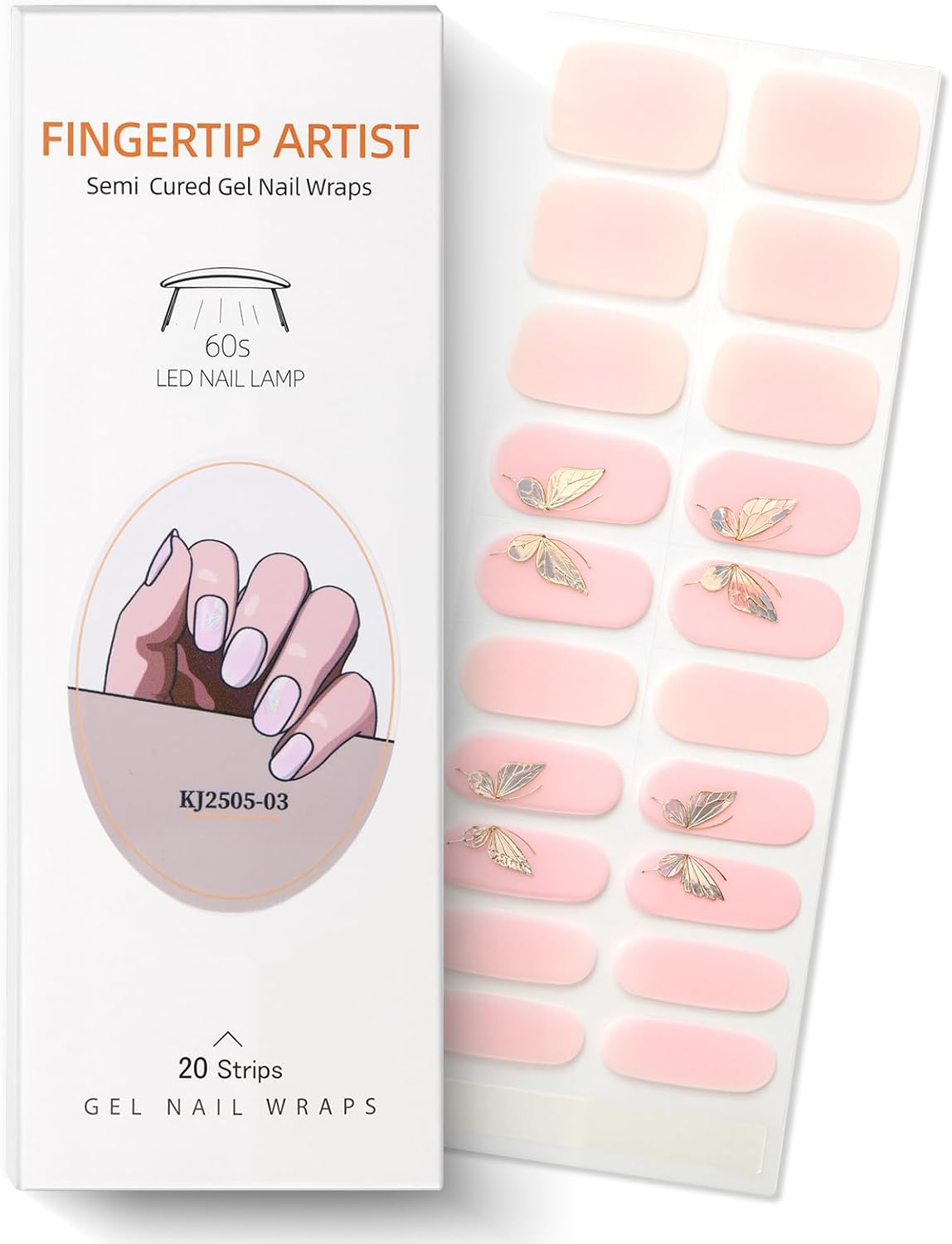 Semi Cured Gel Nail Strips with Butterfly Designs Gel Nail Stickers Glitter Full Cover Nails Wraps Need UV/LED Light with 2 Prep Pads 1Wooen Stick 1Nail File for Women 20Pcs-Velvo Beauty