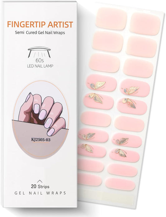 Semi Cured Gel Nail Strips with Butterfly Designs Gel Nail Stickers Glitter Full Cover Nails Wraps Need UV/LED Light with 2 Prep Pads 1Wooen Stick 1Nail File for Women 20Pcs-Velvo Beauty