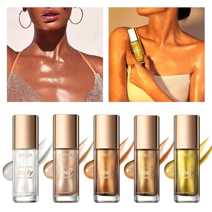 40ml Body Shimmer Oil,Liquid Body Illuminator, Waterproof Moisturizing And Glow For Face & Body, All-In-One Makeup Liquid Illuminator, Summer Body Luminizer,Makeup Brush Include (05#Gold)-Velvo Beauty