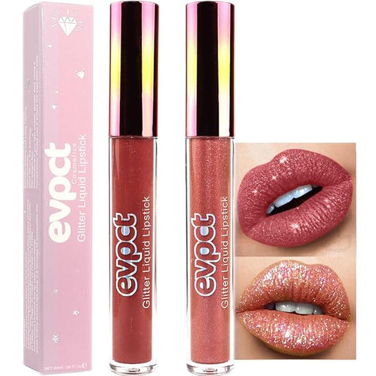 evpct 2Pcs Mauve Red & Bronze Gold Matte to Glitter Liquid Lipstick Long Lasting Lip Set Kit for Women Diamond Shiny Glitter Sparkly Glossy Metallic Shimmer Sparkle Waterproof Lipstick Lip Gloss 02+05-Velvo Beauty
