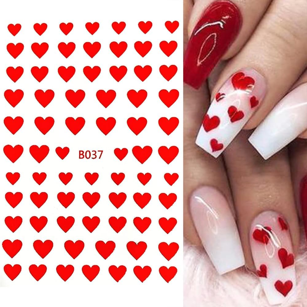 8 Sheets Heart Nail Art Stickers 3D Self-Adhesive Heart Nail Decals Cute Valentines Day Nail Art Decoration for Women Girls-Velvo Beauty