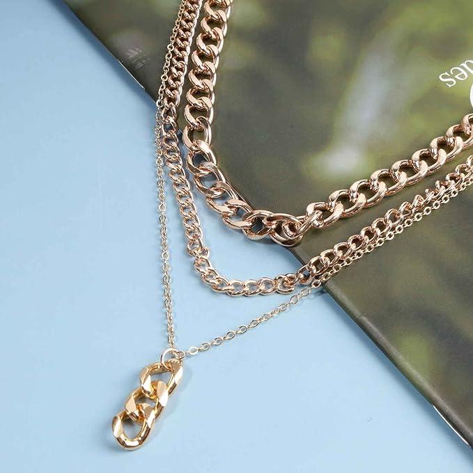Punk Layered Necklace Choker Gold Cable Chain Necklace Vintage Chain Drop Necklace Multi Layer Necklace Set Jewelry for Women and Girls Gifts-Velvo Beauty