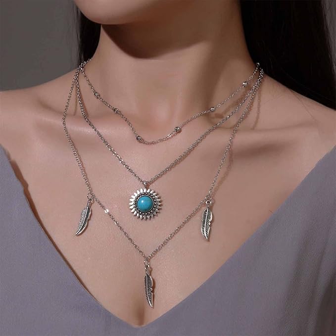 Boho Layered Feather Choker Necklace Turquoise Pendant Necklace Chain Vintage Crystal Paved Sun Necklace Silver Sunflower Necklace Jewelry for Women and Girls-Velvo Beauty
