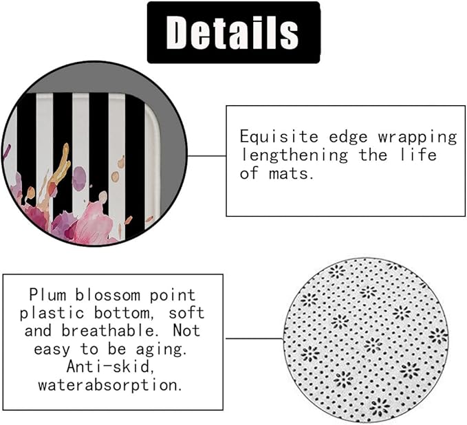 4PCS Gold Glitter Hello Gorgeous Shower Curtain Set, Watercolor Pink Floral Black and White Striped Perfume Makeup Modern Fashion Women Bathroom Decor, Non-Slip Bath Mat Toilet Rug, Hibiscus-Velvo Beauty