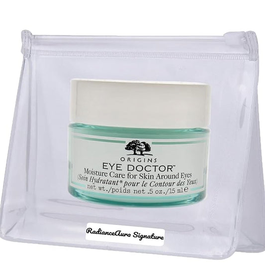 Hydrating Eye Cream Bundle. Include: 1 Pack of RadianceAura Signature Leak-Proof Travel Bag +1 Pack Origins Eye Doctor Moisture Care for Skin Around Eyes 0.5 Oz-Velvo Beauty