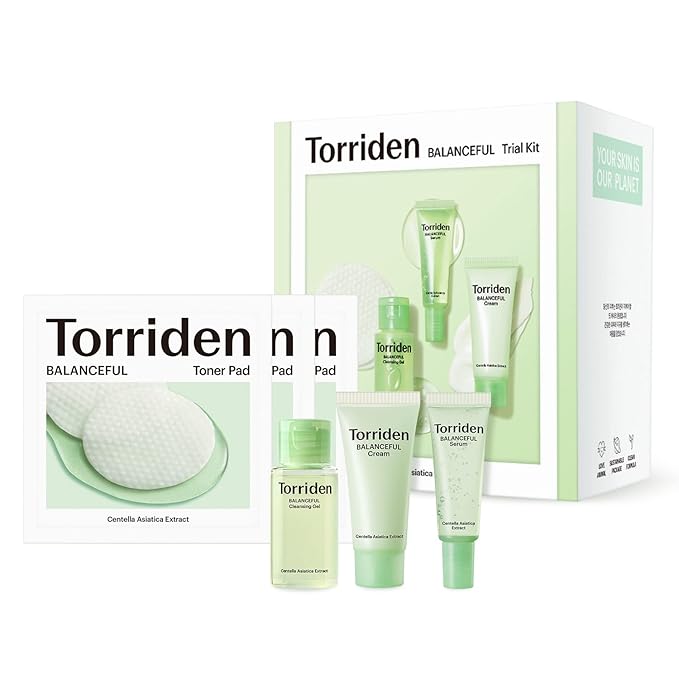 Torriden BALANCEFUL Cica Trial Kit, Gotu Kola Infused Daily Skincare Kit - 4 Step Regimen with Cleansing Gel, Toner Pad, Serum, and Cream | Vegan, Hypoallergenic Korean Skin Care-Velvo Beauty