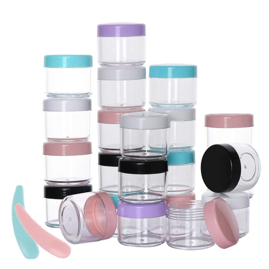 Refillable Cosmetic Sample Jars - 100 Pack 20g (0.7oz) Milti Color Small Travel Containers with Lids + 10 Mini Makeup Spatulas - BPA Free-Velvo Beauty