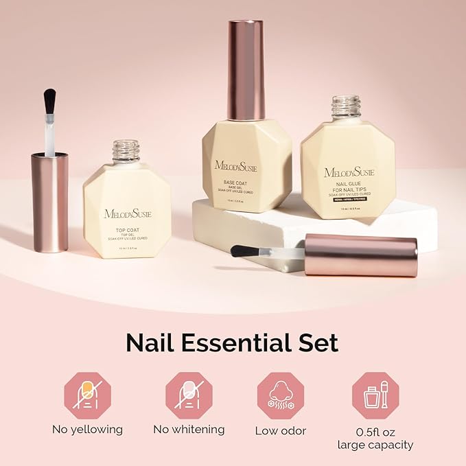 MelodySusie No Wipe Glossy Top Coat Base Coat Nail Glue Set Long Lasting Shine Finish Soak Off UV LED Nail Lamp Nail Art Design Manicure Kit Perfect Gifts for Women Girls 3 Pcs 15ml Clear-Velvo Beauty