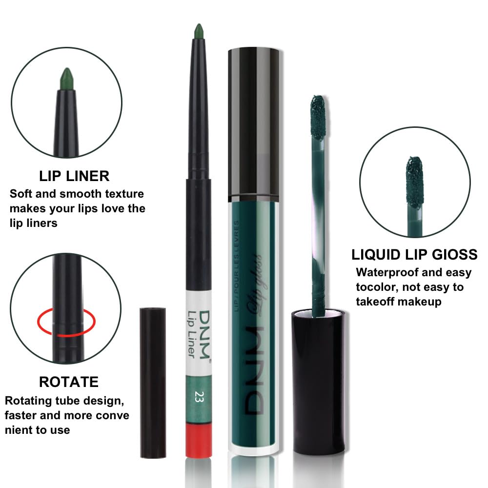 evpct 2Pcs Matte Dark Green Lipstick and Lip Liner Gloss Makeup Set matt Matte Liquid Lipstick Long Lasting Set 24H and with Lip Liner 23#-Velvo Beauty