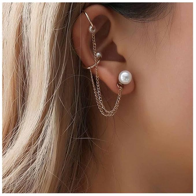 Vintage Pearl Cuff Chain Earrings Gold Chain Ear Cuffs Dangle Chain Cartilage Earrings Pearl Studs Earrings Cartilage Helix Earrings Helix to Lobe chain earrings Jewelry for Women and Girls (Gold A)-Velvo Beauty