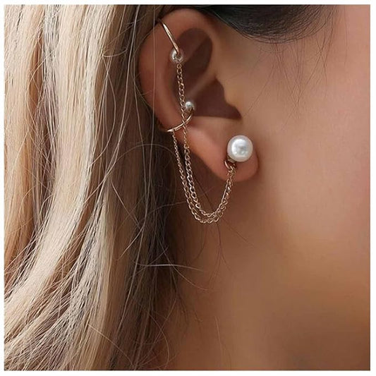 Vintage Pearl Cuff Chain Earrings Gold Chain Ear Cuffs Dangle Chain Cartilage Earrings Pearl Studs Earrings Cartilage Helix Earrings Helix to Lobe chain earrings Jewelry for Women and Girls (Gold A)-Velvo Beauty