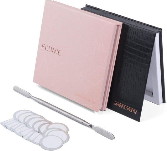 Pink&Black Magnetic Refillable Makeup Palette with Mirror – Lightweight, Durable, Travel-Ready Case for Eyeshadow, Blush, Lipstick – Includes Spatula & 20 Stickers – Small, Waterproof Paperboard-Velvo Beauty
