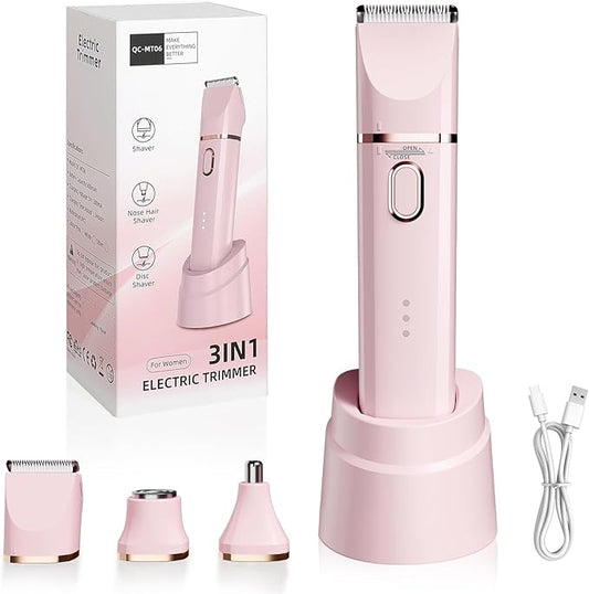 Trimmer for Women: 3 in 1 Gentle Painless Electric Razor for Women,120min Cordless Runtime,USB Charge Dock,IPX7 Waterproof Wet & Dry Use Portable Facial Razor with Ceramic Blade Travel Grooming Kit-Velvo Beauty