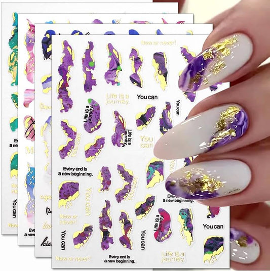 3D Marble Nail Stickers - 6 Color Marble Decals, Blooming Nail Art, Bronzing & Watercolor Smudge Resistant, Self-Adhesive Gold Foil Designs-Velvo Beauty