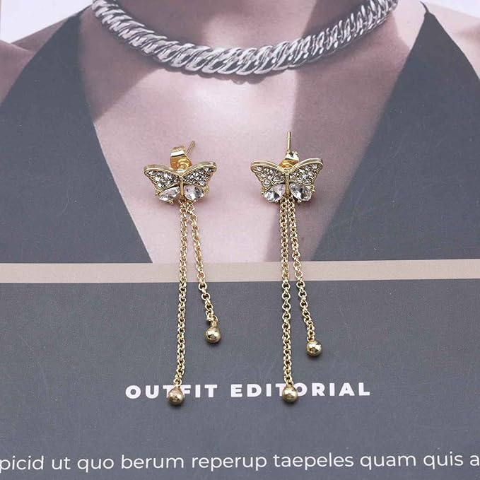 Vintage Crystal Butterfly Stud Earrings Gold Long Chain Earrings Thin Drop Chain Earrings Cz Paved Butterfly Earrings Retro Hanging Chain Earrings Jewelry for Women and Girls-Velvo Beauty