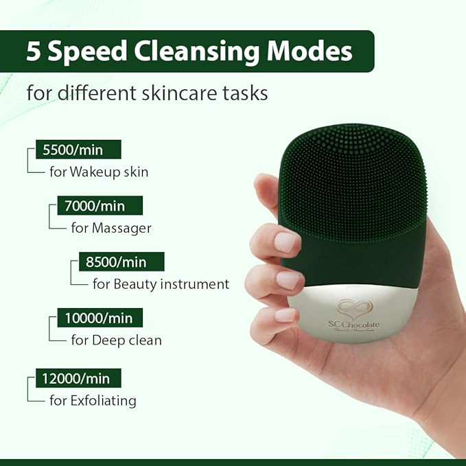 Facial Cleansing Brush | 3-in-1 Electric Face Scrubber | USB Rechargeable Face Cleansing Brush | IPX7 Waterproof | Blackhead Remover | Deep Cleansing & Exfoliating (Green)-Velvo Beauty