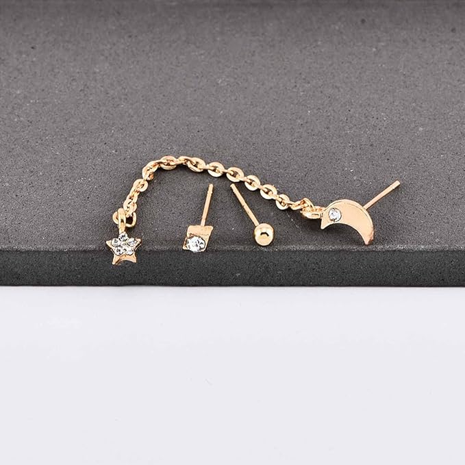 Bohemia Moon Star Dangle Earrings Gold Cz Moon Drop Chain Earrings Crystal Star Earrings Star Chain Earrings for Women and Girls-Velvo Beauty