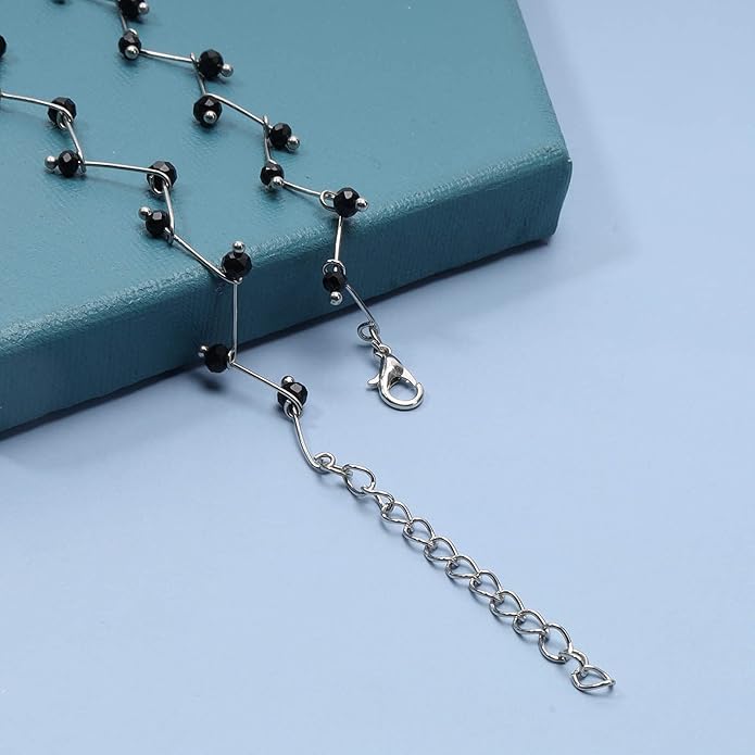 Black Crystal Choker Necklace Short Black Beaded Choker Necklace Silver Chain Necklace Minimalist Necklace Jewelry for Women and Girls-Velvo Beauty