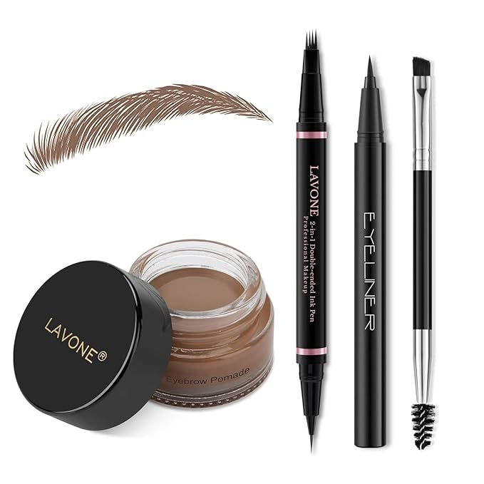 LAVONE Eyebrow Pencil Makeup Kit, with Waterproof 2-IN-1 Microblading Eyebrow Pen, Eyebrow Pomade, Eyeliner and Dual-ended Eyebrow Brush, Brow Pencil Kit for Natural Eyebrows - Chocolate-Velvo Beauty