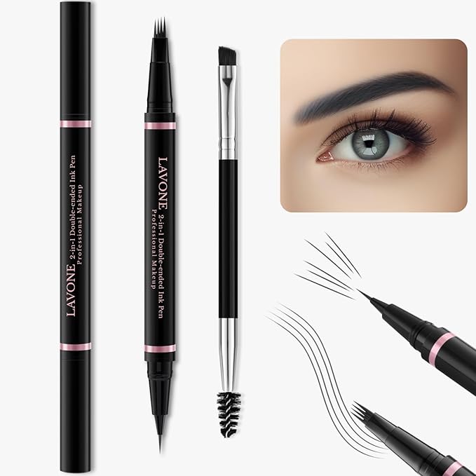 LAVONE Eyebrow Pencil Makeup Kit, with Waterproof 2-IN-1 Microblading Eyebrow Pen, Eyebrow Pomade, Eyeliner and Dual-ended Eyebrow Brush, Brow Pencil Kit for Natural Eyebrows - Black-Velvo Beauty