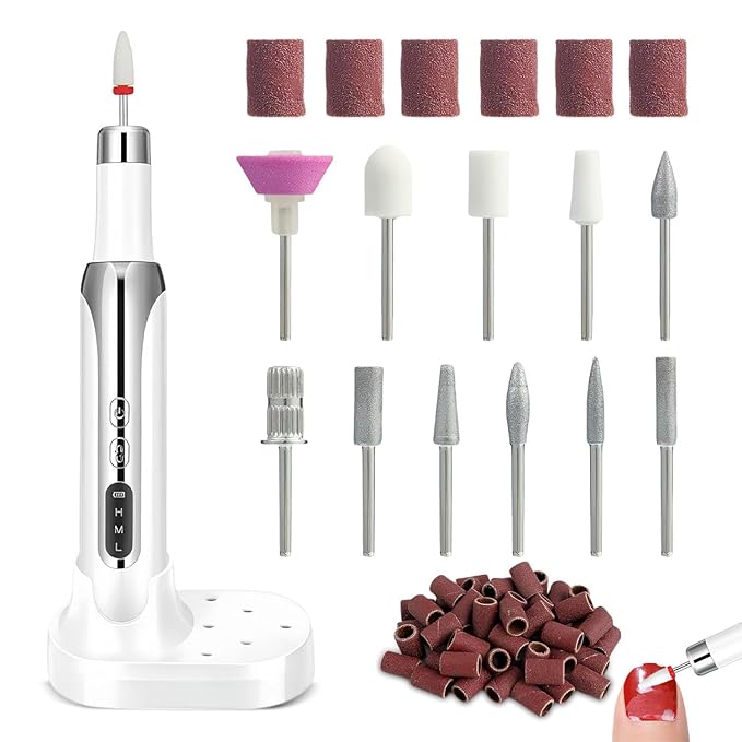Electric Nail Drill File Cordless,Portable Rechargeable Nail File Kit for Acrylic & Gel Nails,Professional Efile for Manicure Pedicure Polishing,with 12 Nail Drill Bits 31 Sanding Bands,White-Velvo Beauty