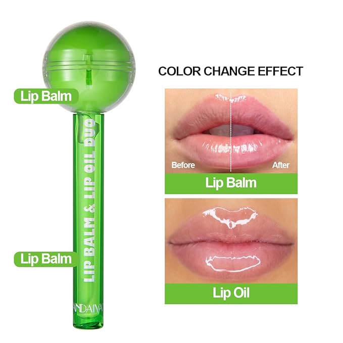 Tinted Lip Balm Lollipop Lip Gloss, Magic pH Color Changing Pink Lipstick & Vitamin E Clear Lip Oil Combo, Hydrating Plumping Lip Care Product for Girls (Green)-Velvo Beauty