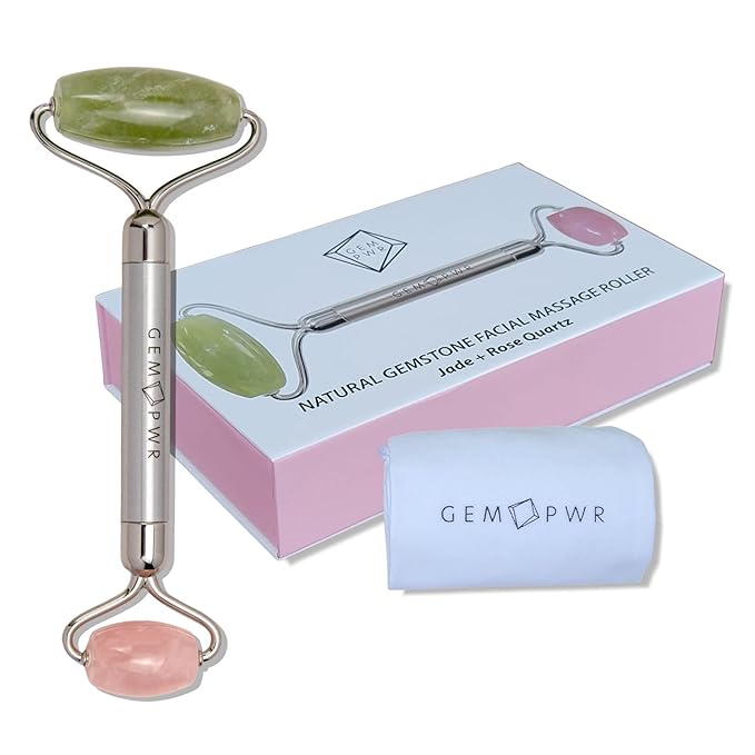 Rose Quartz + Jade Roller for Face and Neck Massage, Dual Gemstones with Durable Steel Handle and Travel Bag. Minimize Wrinkles, Reduce Puffiness and Restore Skin's Elasticity and Radiance-Velvo Beauty