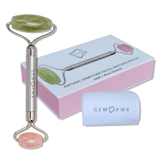 Rose Quartz + Jade Roller for Face and Neck Massage, Dual Gemstones with Durable Steel Handle and Travel Bag. Minimize Wrinkles, Reduce Puffiness and Restore Skin's Elasticity and Radiance-Velvo Beauty