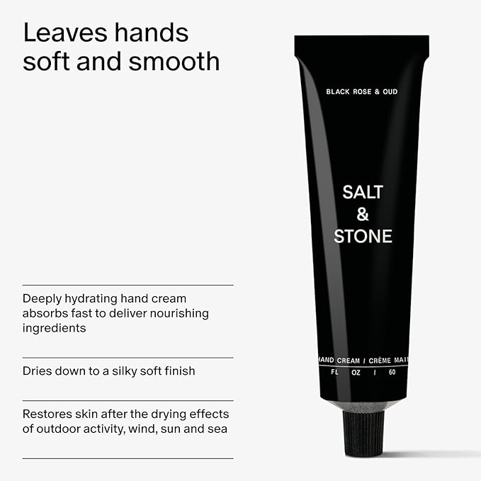 Salt & Stone Hand Cream for Women & Men | Black Rose & Oud | Hydrates, Nourishes & Softens Skin | Restores Dry Cracked Hands | Fast-Absorbing | Cruelty-Free & Vegan (2 fl oz)-Velvo Beauty