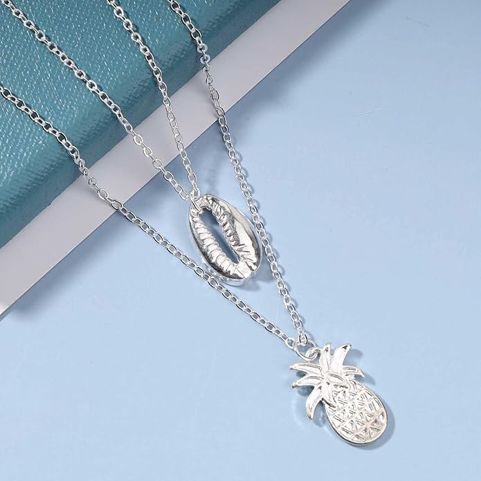 Boho Layered Shell Pineapple Choker Necklace Silver Seashell Pendant Necklace Vintage Cowrie Shell Necklace Beach Charm Necklace Jewelry for Women Gifts-Velvo Beauty