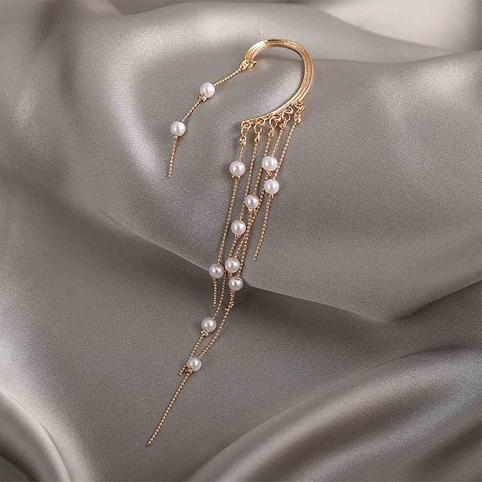 Boho Pearl Ear Wrap Earrings Gold Pearl Ear Cuff Earrings Long Drop Tassel Pearl Earrings Festival Gothic Earrings Non Piercing Ear Climber Cartilage Earrings Jewelry for Women and Girls-Velvo Beauty