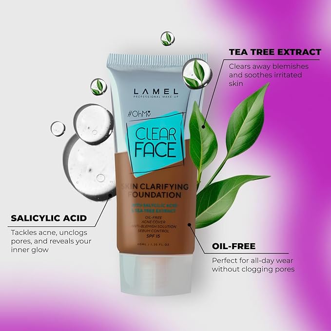LAMEL OhMy Clear Face Full Coverage Foundation - Acne Coverage - Salicylic Acid & Tea Tree Extract - Dewy & Flawless Finish - Sensitive Skin Care - Organic & Oil-Free - 411, 1.35 fl.oz-Velvo Beauty