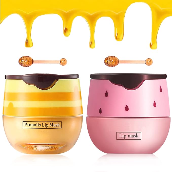 2 PCS Bee Lip Balm Lip Mask Honey Pot, Honey & Strawberry Lip Mask Propolis Moisturizing Lip Balm with Stick - Hydrating Prevention Dry and Cracked Lip Scrubs Exfoliato Lip Wrinkle Care-Velvo Beauty