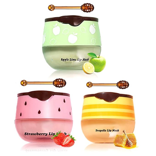 3Pcs Honey Lip Balm Honey Pot, Strawberry& Apple Lime Lip Mask Overnight Propolis Moisturizing Lip Balm Hydrating Prevention Dry and Crack Lip Scrubs Exfoliator, Beeswax with Vitamin E-Velvo Beauty