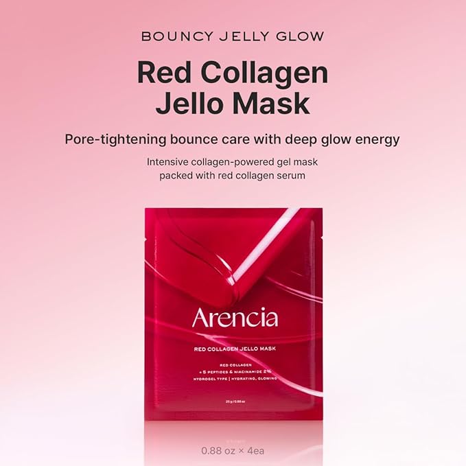Red Collagen Jello Mask, Plump & Hydrating x 4ea, Overnight Hydrogel Mask for Dry, Mature Skin, Packed with Collagen, 5 Peptides, 2% Niacinamide-Velvo Beauty