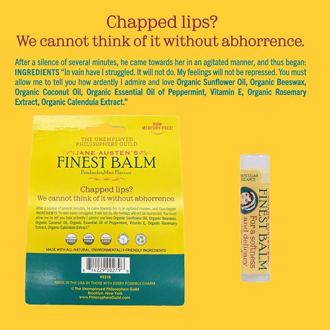 Jane Austen's Finest Balm, Lip Balm Tube, Peppermint Flavored - Cruelty-Free and Made in the USA from Natural and Imported Ingredients-Velvo Beauty